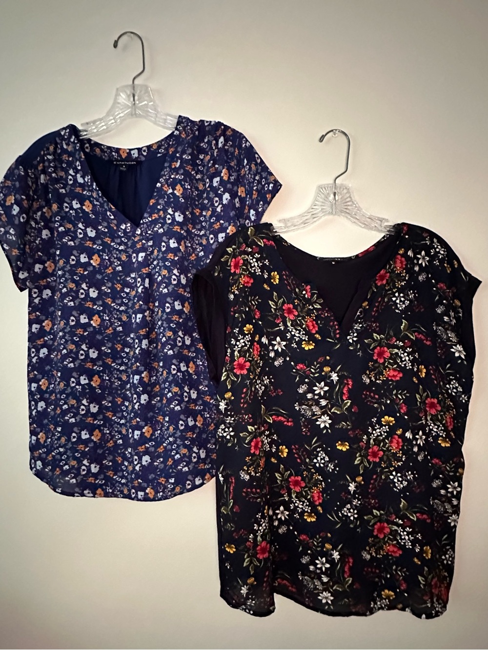 (2) Mixed media pullover tunic tops with cap sleeves: p2p 22” p2hem 24 1/2”